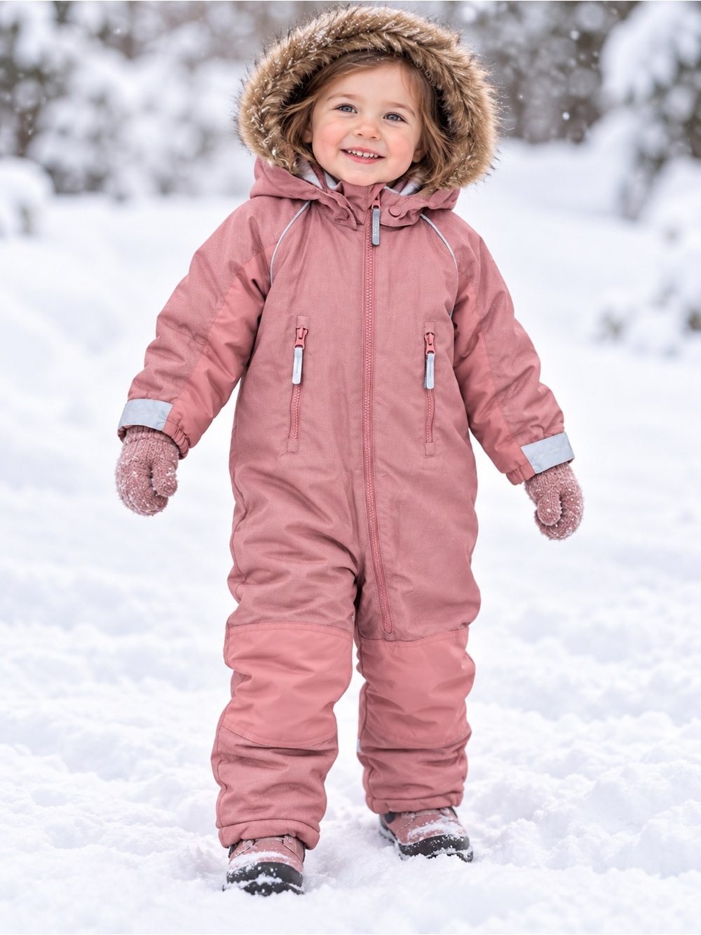 H&M Dusty Pink Toddler One-Piece Snowsuit Faux Fur Hood 1.5–2Y